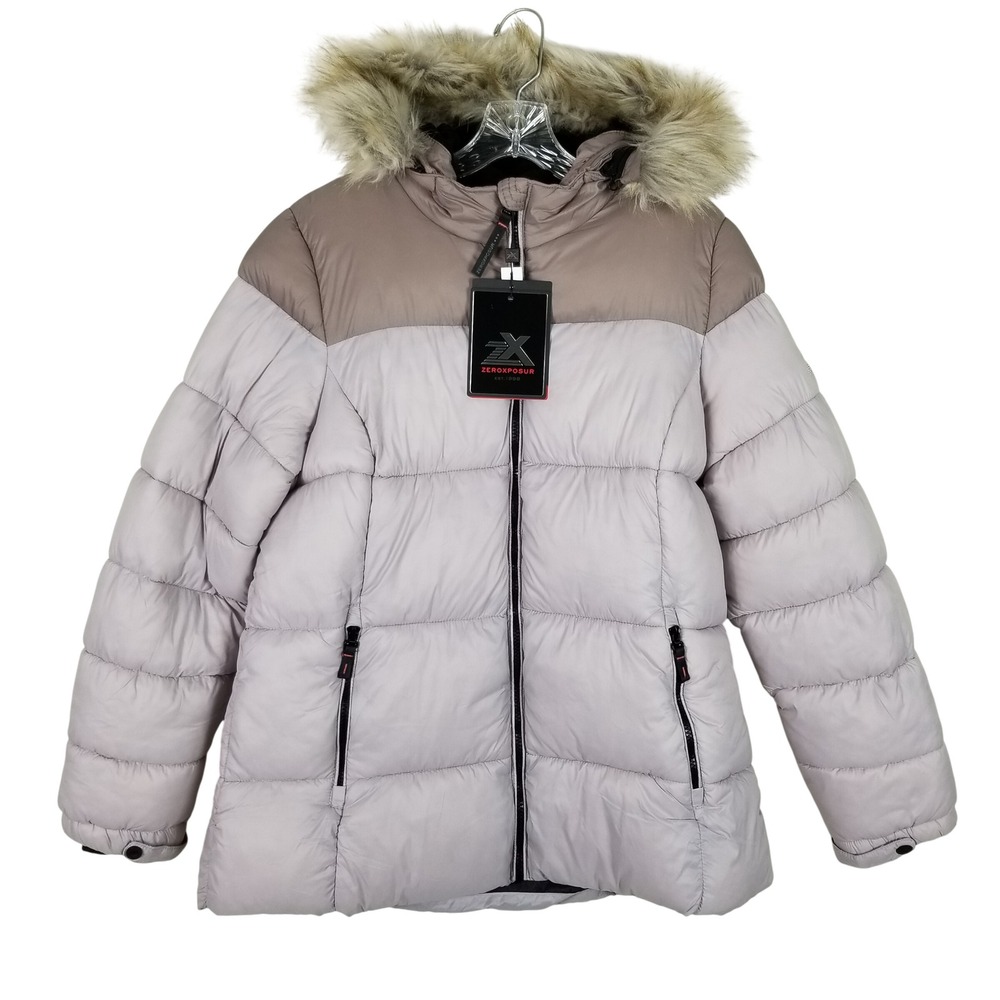 ZeroXposur Puffer Jacket Women Large Soft Taupe Faux Fur Hood Z93500 NEW